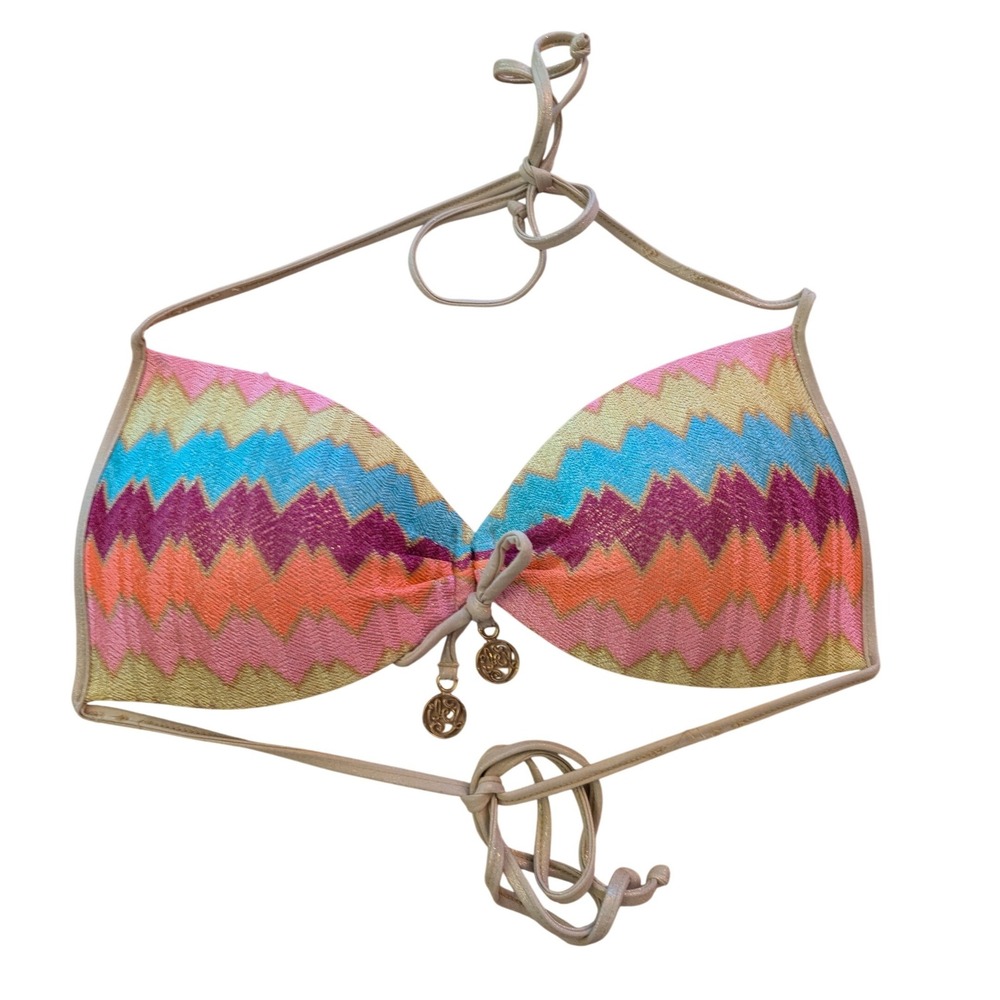 Luli Fama Crochet Chevron Push Up Bikini Top Multicolor Halter Swimwear Boho L